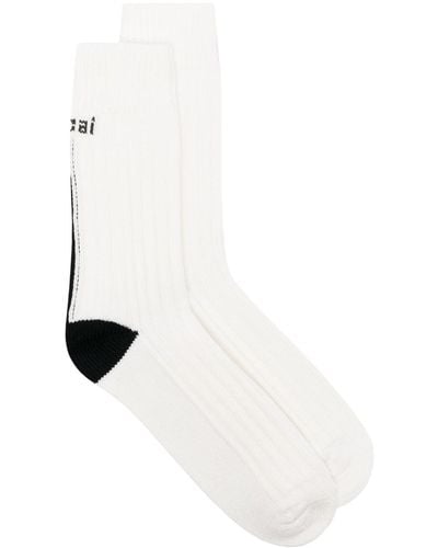 Sacai Logo Intarsia-knit Ribbed Socks - White