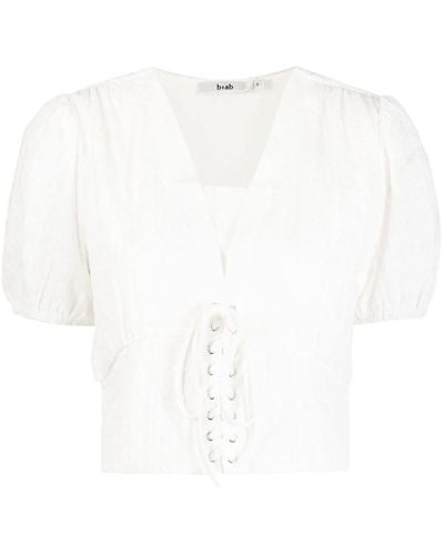 B+ AB Ruched Lace-up Blouse - White