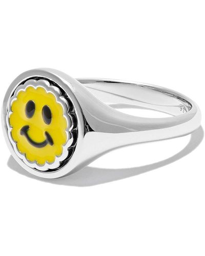 Maria Black Smiley Face-detail Signet Ring - Metallic