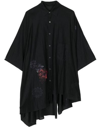 Yohji Yamamoto Floral-print Crease-effect Shirt - Black