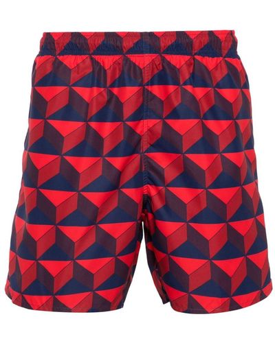 Lacoste Logo-patch Geometric-pattern Swim Shorts - Red