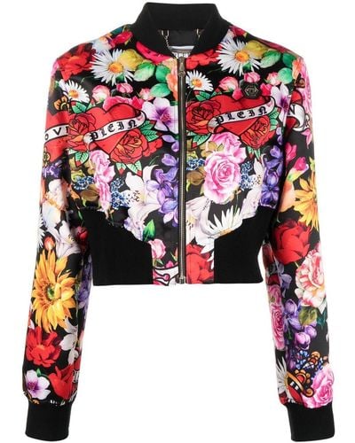 Philipp Plein Floral-print Cropped Bomber Jacket - Red