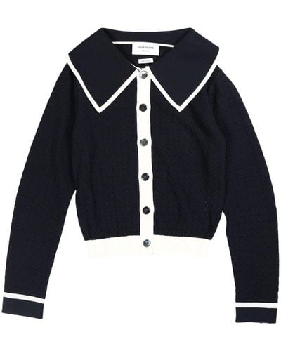 Thom Browne Contrasting-trim Pointelle-knit Cotton Cardigan - Blue