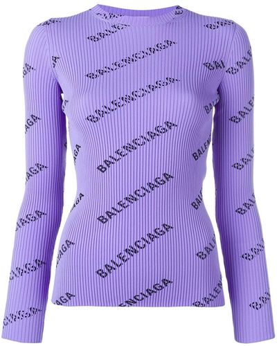 Balenciaga Allover Logo Ribbed-knit Jumper - Purple