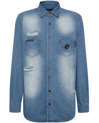 Philipp Plein Chemise en jean imprimée à ornements en cristal - Bleu