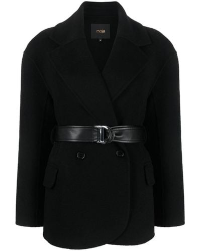 Maje Belted Double-breasted Coat - Black