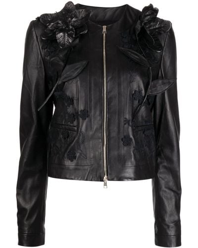 Elie Saab Floral-embroidered Leather Jacket - Black