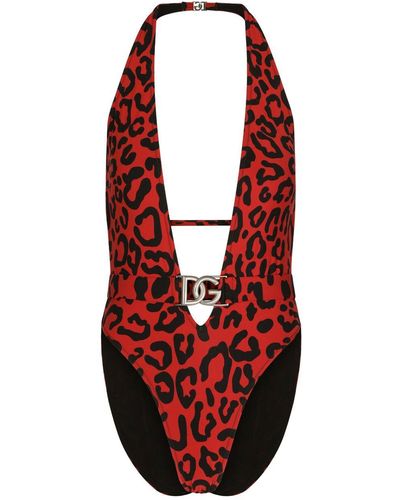 Dolce & Gabbana Leopard-print V-neck One-piece - Red