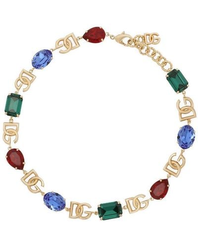 Dolce & Gabbana Logo-plaque Crystal-embellished Necklace - Metallic