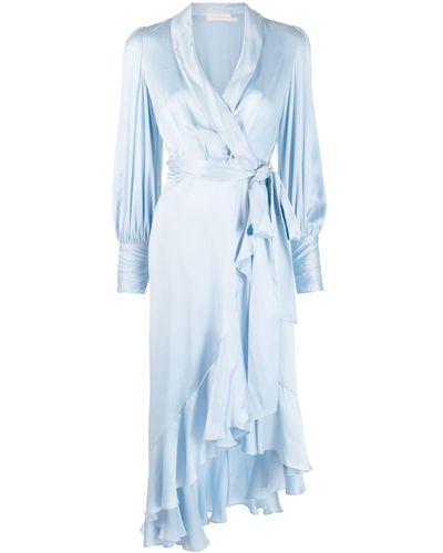 Zimmermann Silk Ruffled Wrap Midi Dress - Blue