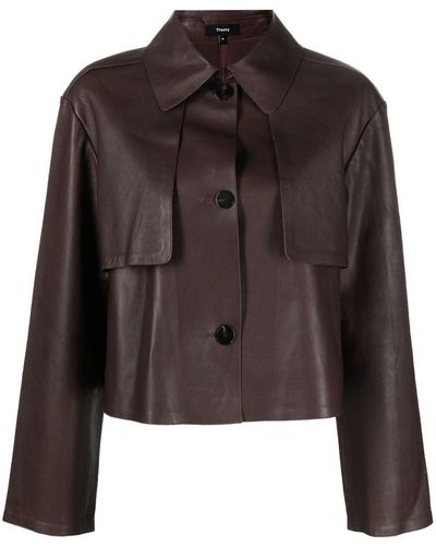 Theory Cropped Leather Trench Coat - Brown