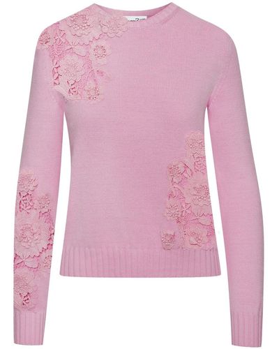 Oscar de la Renta Lace-detail Fine-knit Jumper - Pink