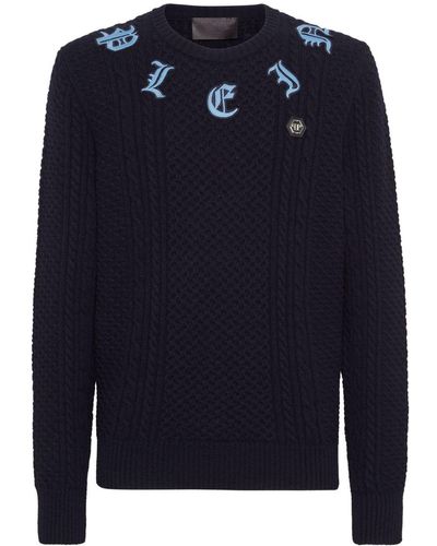 Philipp Plein Logo-embroidered Cable Knit Jumper - Blue