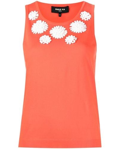Paule Ka Floral-appliqué Ribbed Knit Top - Orange