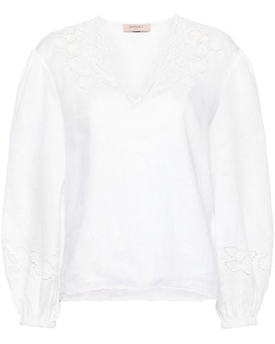 Twin Set Floral-embroidered Linen Blouse - White