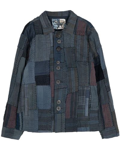 By Walid Patchwork Linen Shirt Jacket - Blue