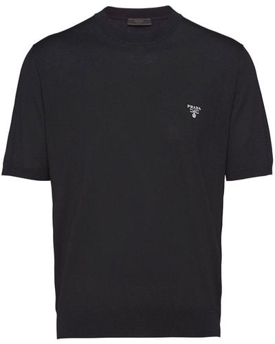 Prada T-shirt en laine à logo brodé - Noir