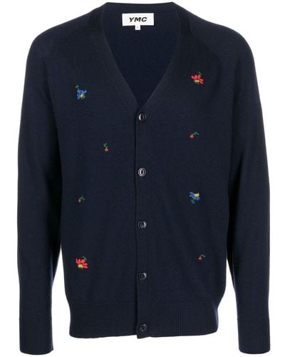 YMC Embroidered V-neck Cardigan - Blue