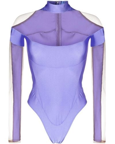 Mugler Sheer-panelled Long-sleeved Bodysuit - Purple