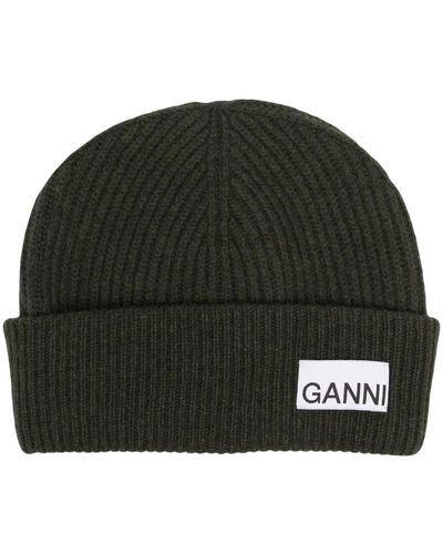 Ganni Logo-patch Ribbed-knit Beanie - Black