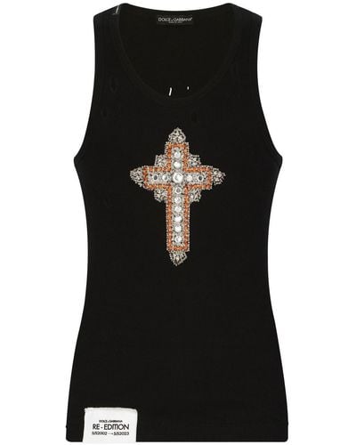 Dolce & Gabbana Geripptes Trägershirt mit Kreuz-Motiv - Schwarz