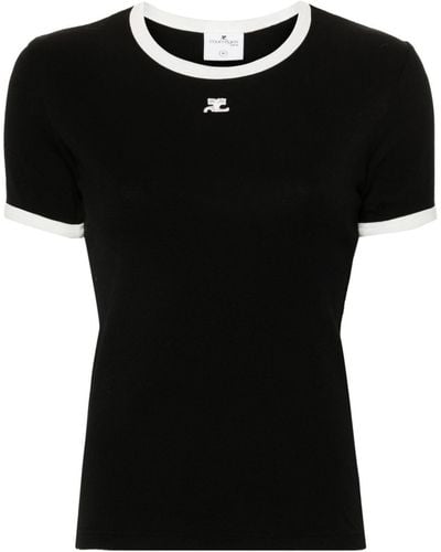 Courreges Logo-Patch-T-Shirt mit Kontrastbesatz - Schwarz