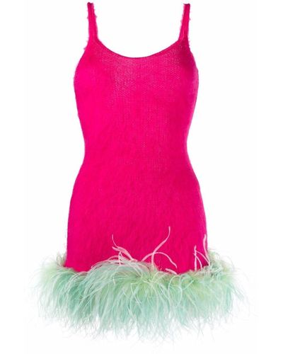 Saint Laurent Feather-trim Knitted Mini Dress - Pink