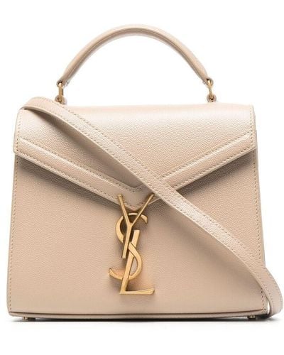 Saint Laurent Neutral Cassandra Mini Leather Top Handle Bag - Natural