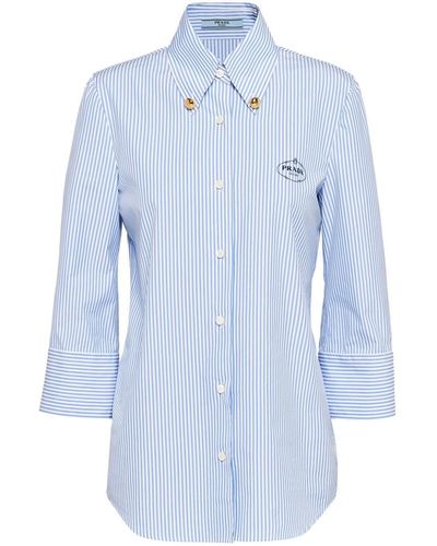 Prada Gestreept Overhemd Met Geborduurd Logo - Blauw