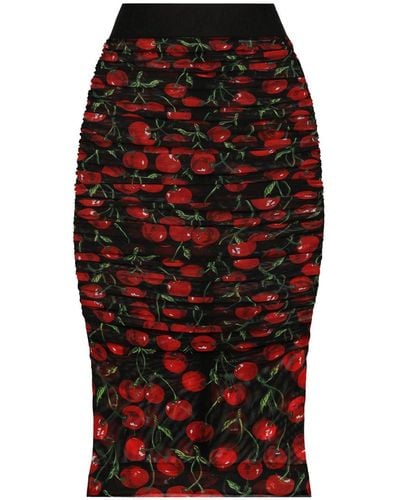 Dolce & Gabbana Cherry-print Ruched Pencil Skirt - Red