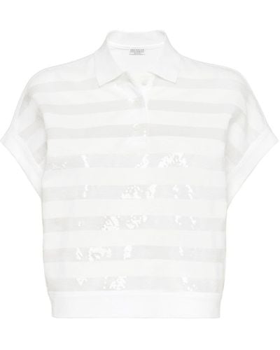 Brunello Cucinelli Sequinned Cotton Polo Shirt - White
