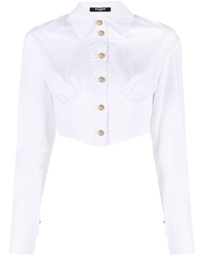Balmain Cropped-Hemd mit langen Ärmeln - Weiß