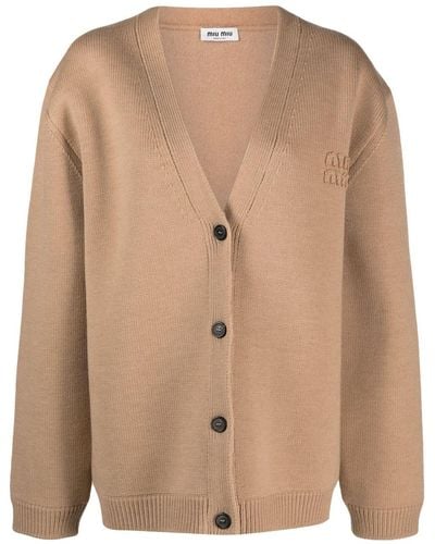 Miu Miu Cardigan en laine mélangée à logo brodé - Neutre