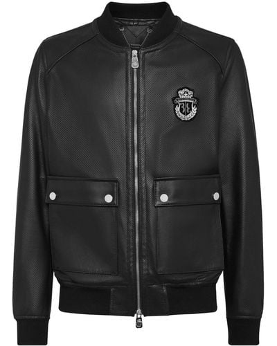 Billionaire Logo-patch leather bomber jacket - Nero