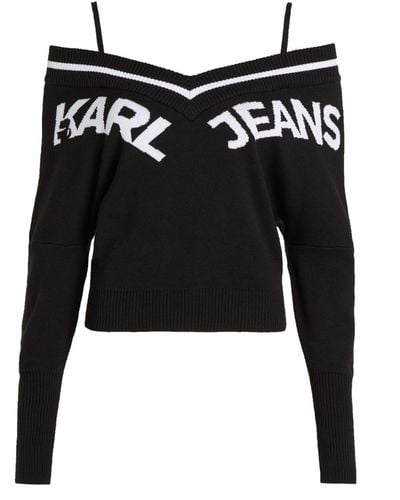 Karl Lagerfeld Intarsia-knit Logo Cold-shoulder Sweater - Black