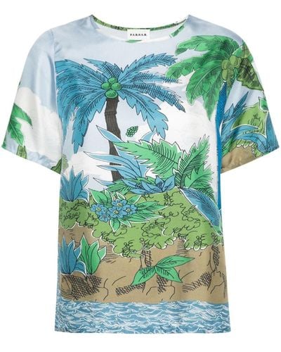 P.A.R.O.S.H. Palm-tree-print Silk T-shirt - Blue