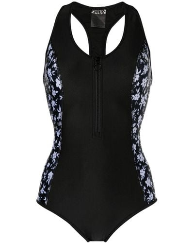 Duskii Floral-print Zip-up Swimsuit - Black