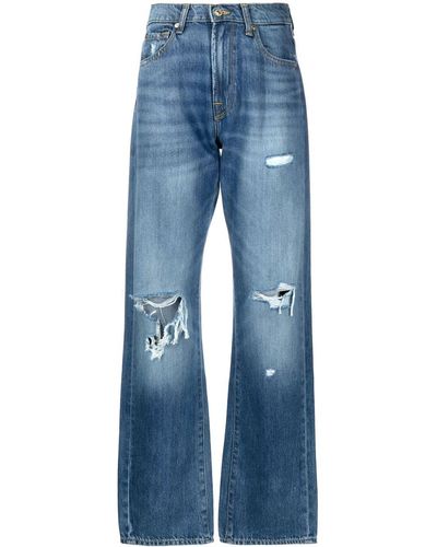 7 For All Mankind Rami Ripped-knee Straight Jeans - Blue