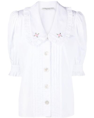 Alessandra Rich Floral-embroidered Pleated Cotton Blouse - White