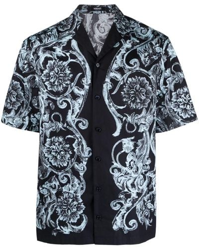 Versace Overhemd Met Barokprint En Korte Mouwen - Zwart