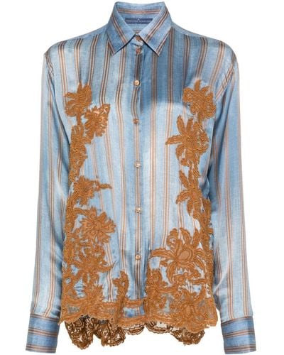 Ermanno Scervino Floral-embroidered Silk Shirt - Blue