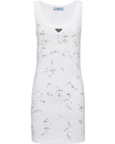 Prada Embroidered Ribbed Minidress - White