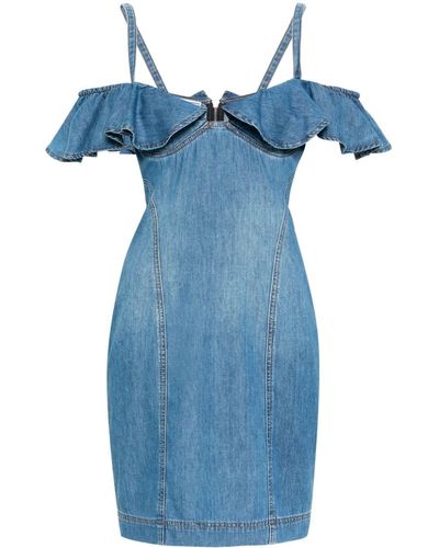 Moschino Jeans Ruffled-trim Denim Short Dress - Blue