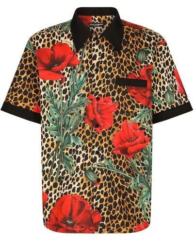 Dolce & Gabbana Hawaiihemd Baumwolle Ozelot- und Mohnblumen-Print - Mehrfarbig