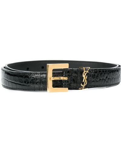 Saint Laurent Cassandre Embellished Croc-effect Leather Belt - Black