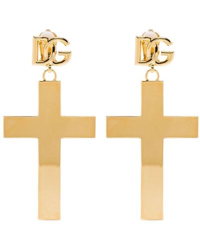 Dolce & Gabbana Pendientes largos con colgante de cruz - Blanco
