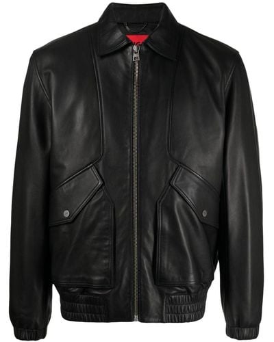 HUGO Logo-embossed Leather Bomber Jacket - Black