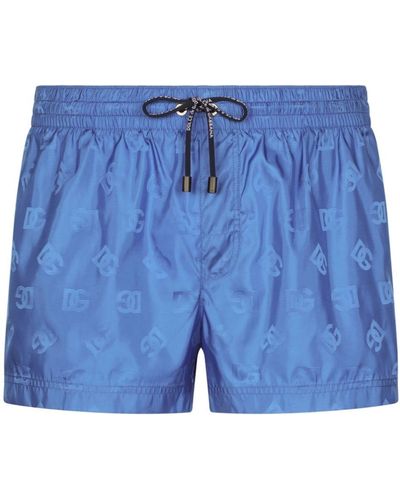 Dolce & Gabbana Short Jacquard Swim Trunks With Dg Monogram - Blue