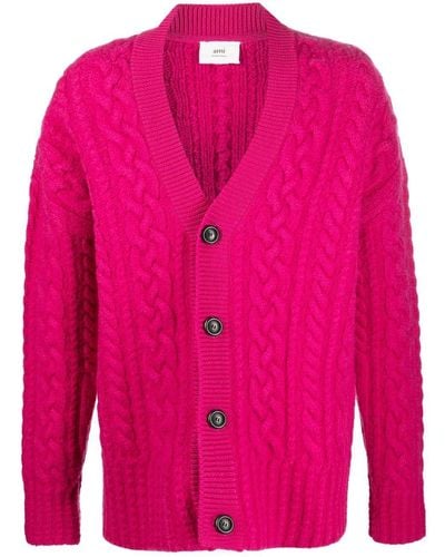 Ami Paris Drop-shoulder Cable-knit Cardigan - Pink