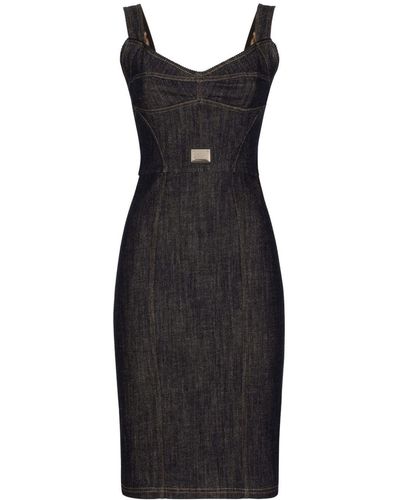 Dolce & Gabbana Logo Plaque Denim Midi Dress - Black